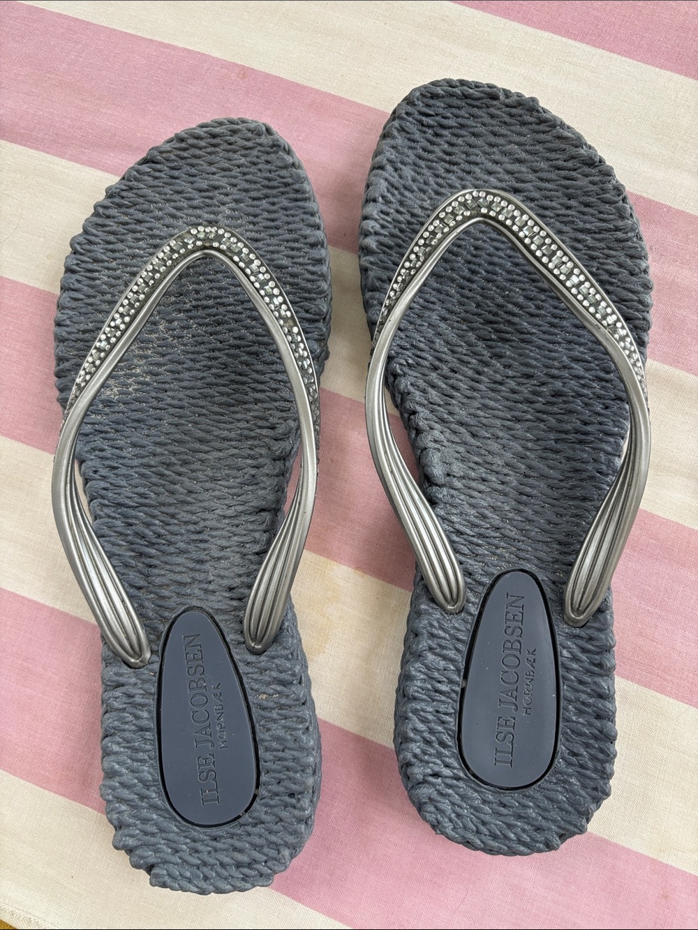 Ilse Jacobsen Dark Gray Braided Flip Flops with Silver Rhinestone Straps